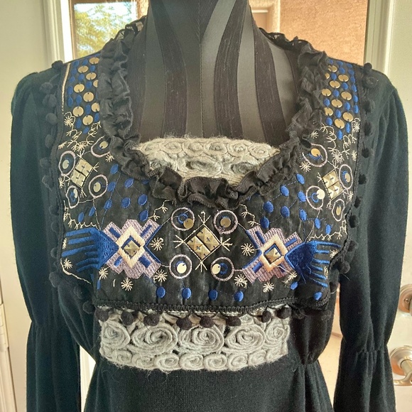 Milkmaid Renaissance Fair Steampunk Castlecore Peasant Mini Dress Black Tan M - Picture 1 of 9